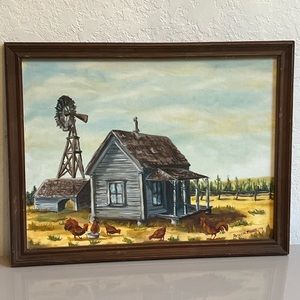 Vintage Original MCM Framed  Signed Farm Scene Art Painting